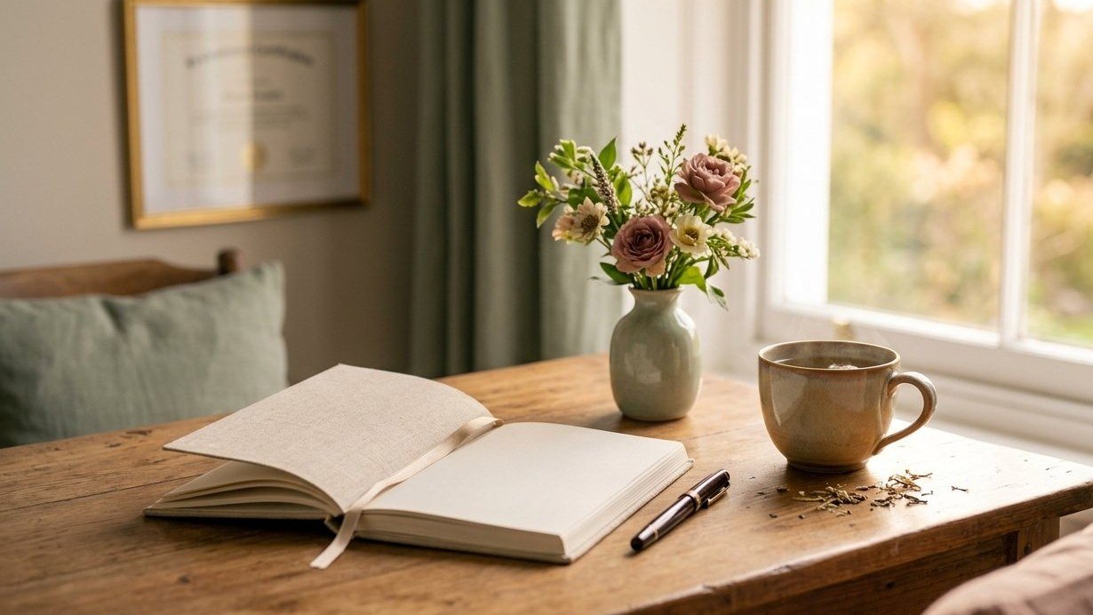 A warm consultation desk with an open notebook, fresh flowers and a cup of tea