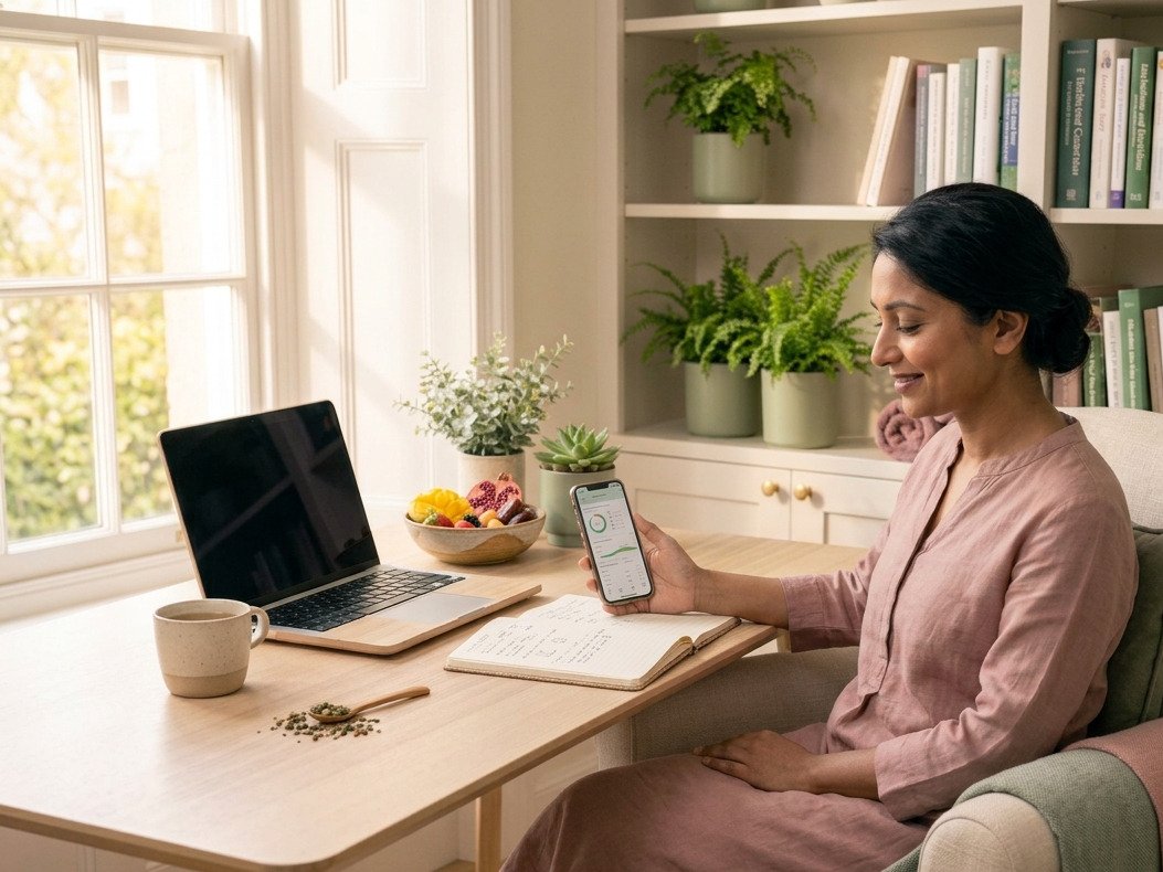 A woman checking her nutrition progress on her phone beside an open notebook and laptop