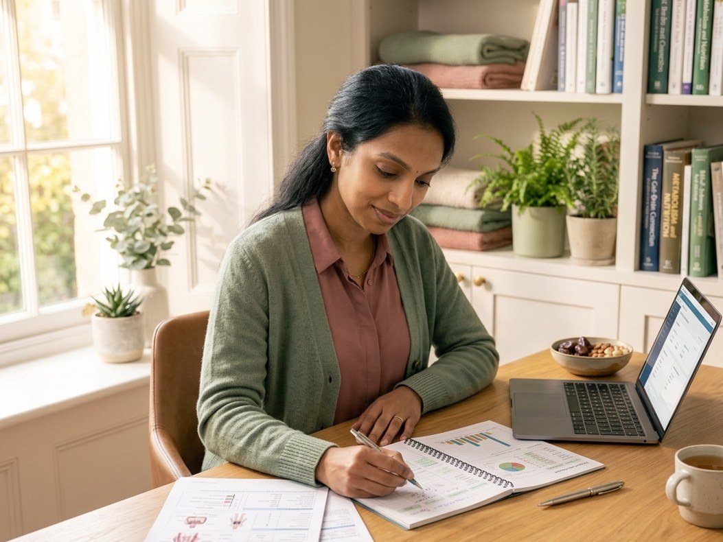 A nutritionist reviewing a client's lab report and nutrition chart at her desk