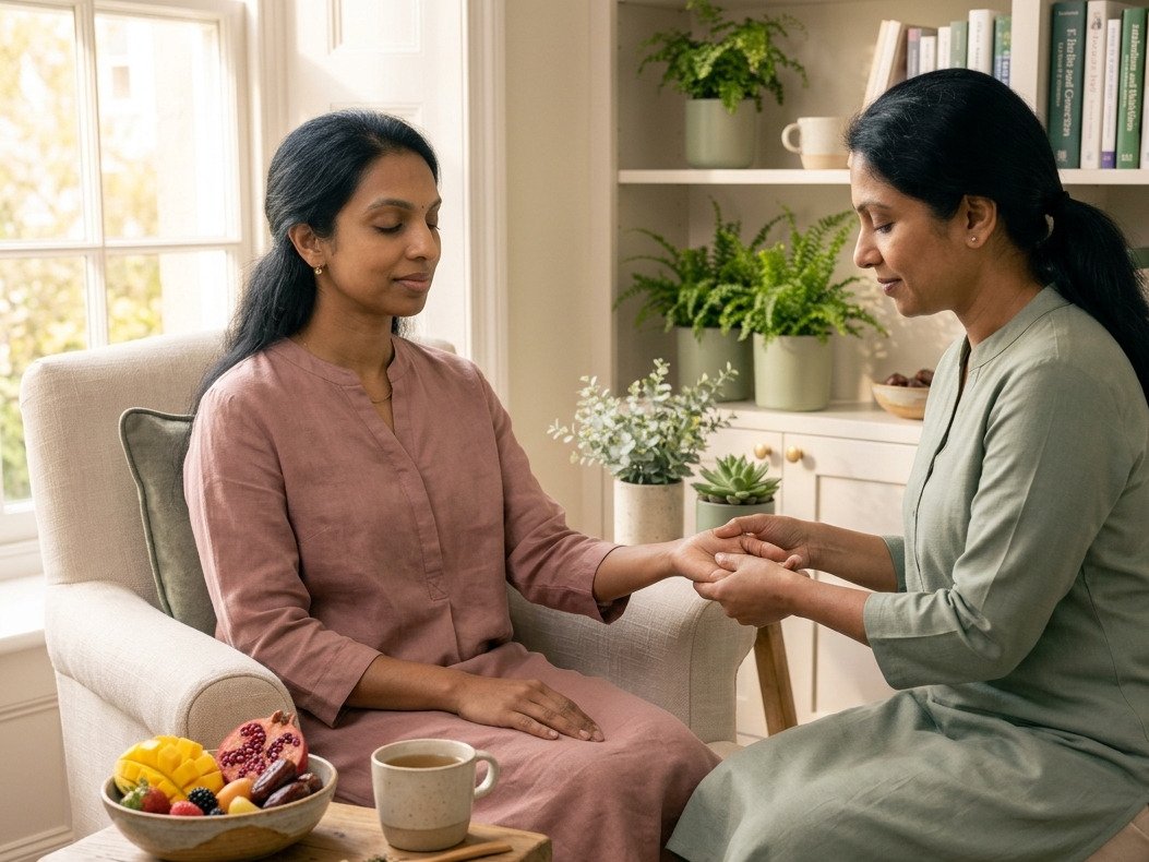A practitioner giving a client a gentle acupressure hand treatment at home