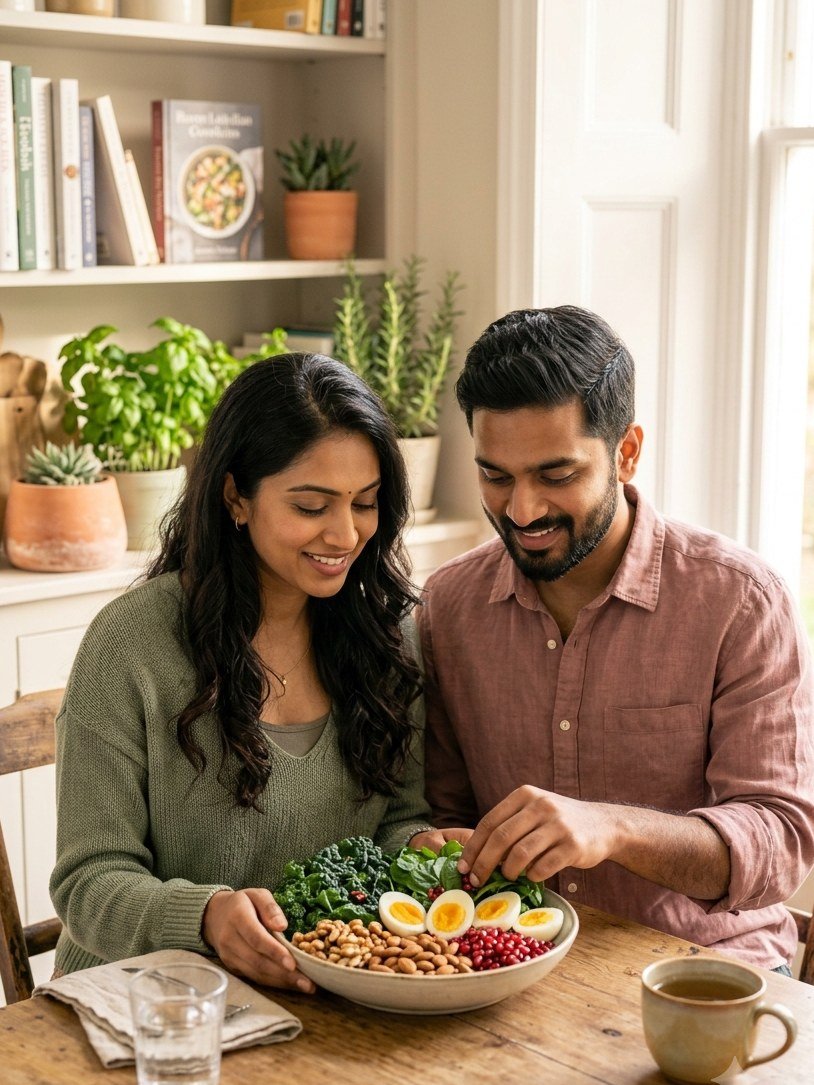 A smiling couple sharing a bowl of pomegranate, kale, egg and nuts at their kitchen table