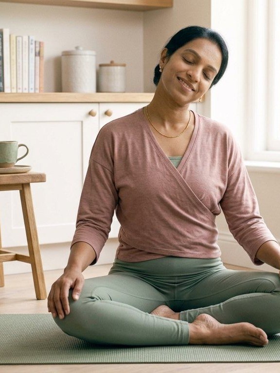 A calm woman practicing gentle yoga by a bright window at home