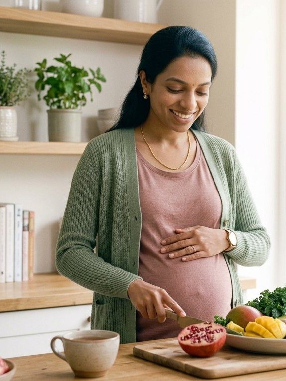 A pregnant woman preparing a bowl of fresh fruit in a sunlit kitchen, one hand resting on her belly