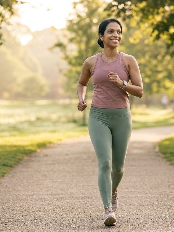 An energetic woman on a morning walk through a sunlit park