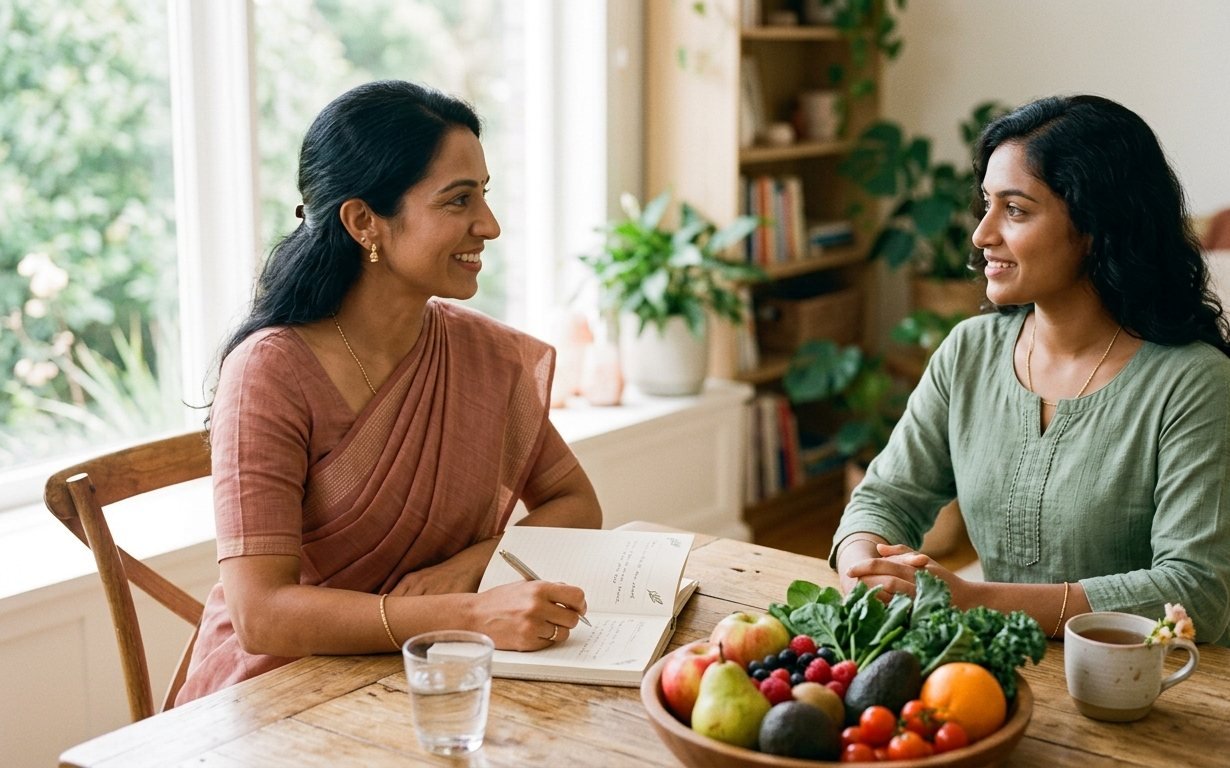Two women talking across a sunlit kitchen table, a notebook and a bowl of fresh fruit and greens between them
