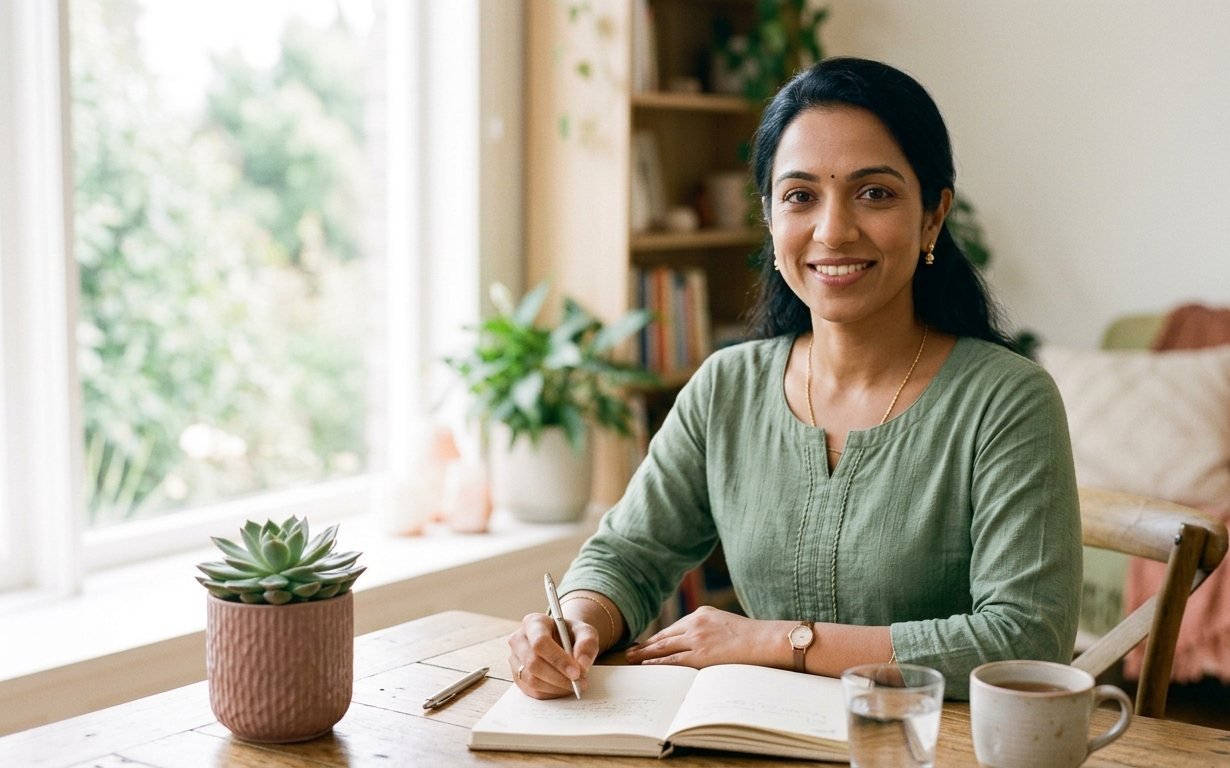A nutritionist writing notes at a desk beside a window and a potted plant
