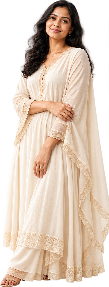 A South Indian Telugu woman standing warmly with her arms crossed, wearing a cream embroidered kaftan