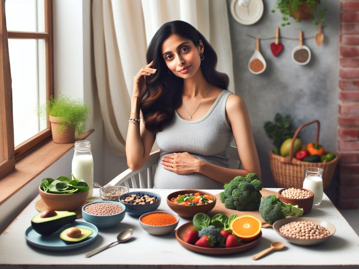 A pregnant woman at a table set with bowls of vegetables, pulses, fruit and milk
