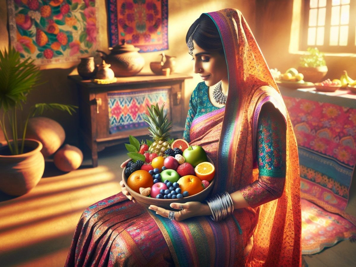A woman in a saree holding a bowl of fresh fruit