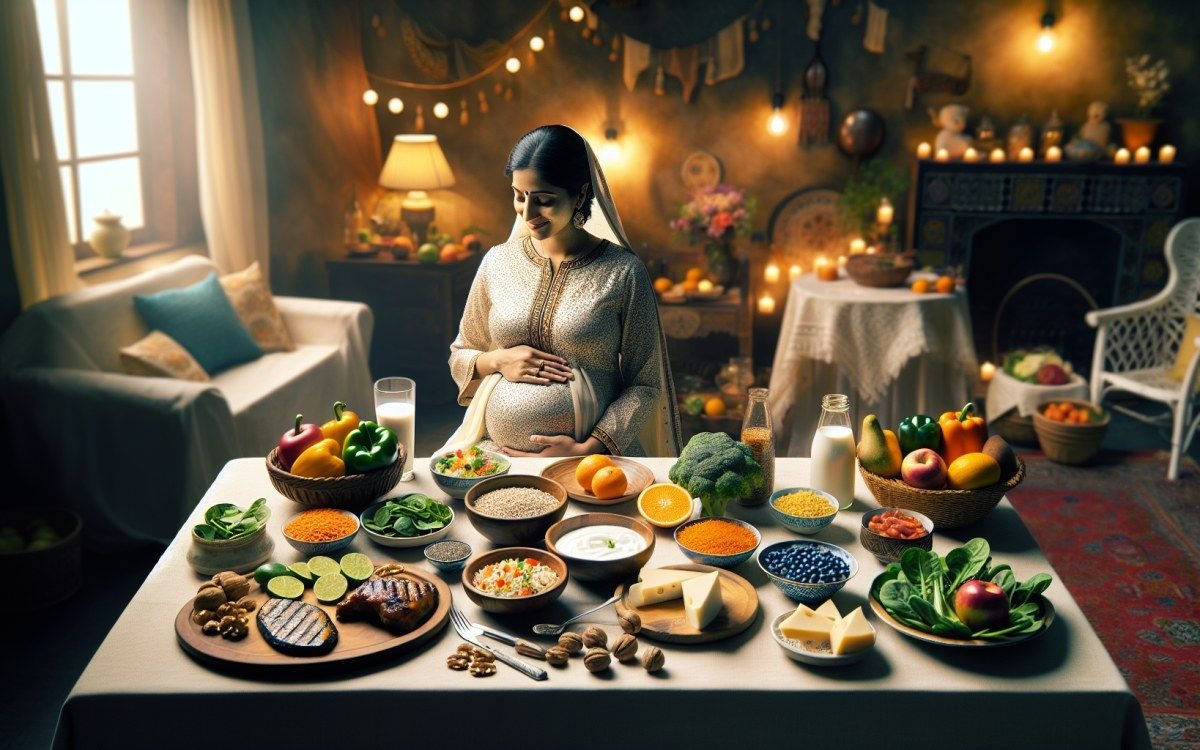 A pregnant woman seated at a warmly lit table laid with bowls of vegetables, fruit and grains